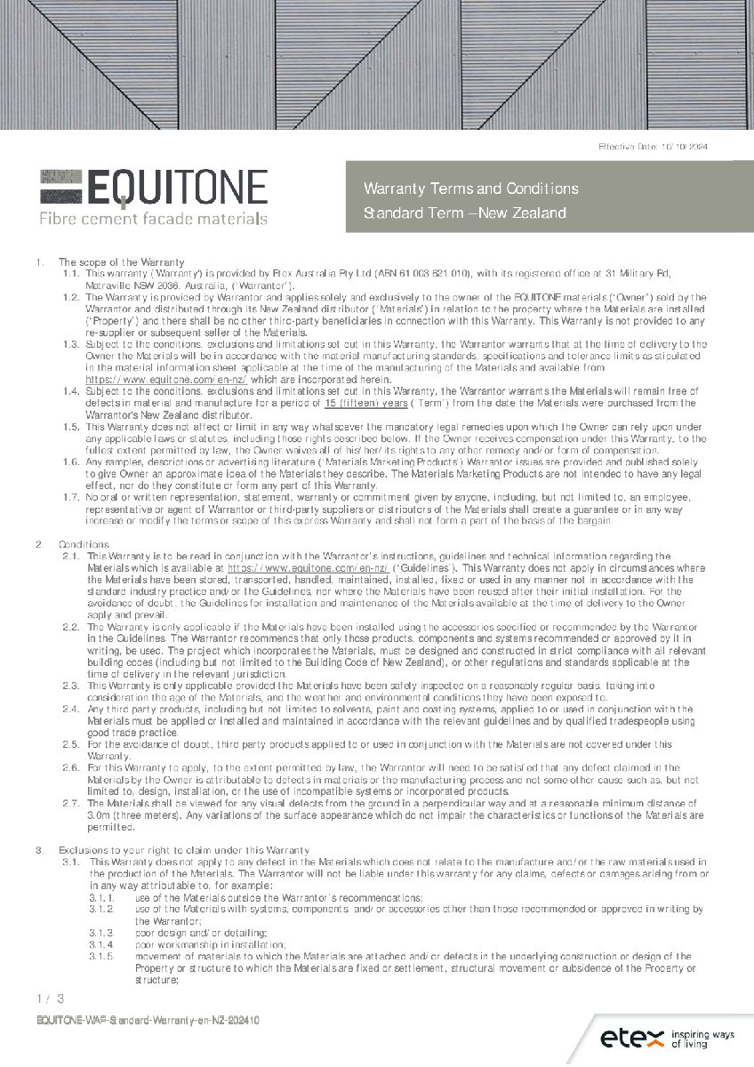 EQUITONE Letter of Warranty