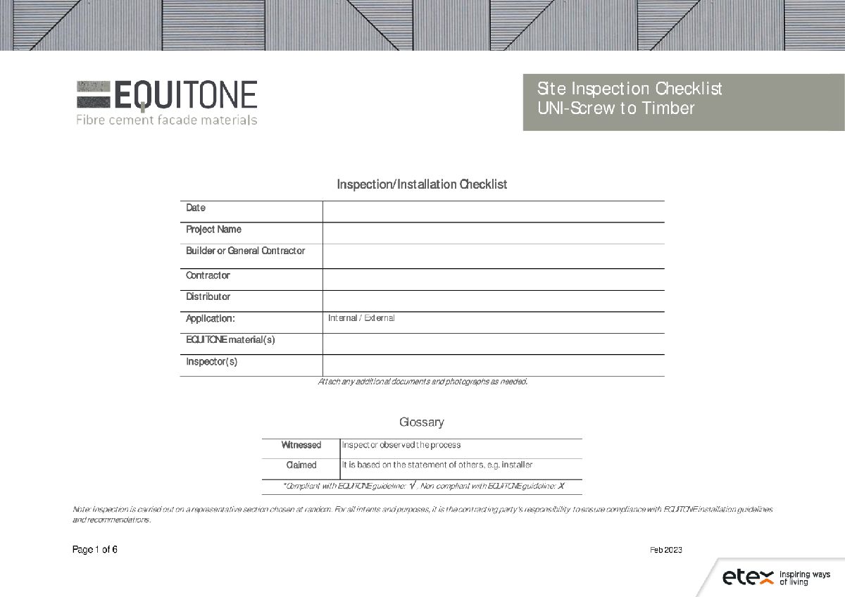 Site Inspection Installation Checklist UNI Screw to timber