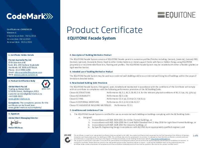 EQUITONE CodeMark certificate
